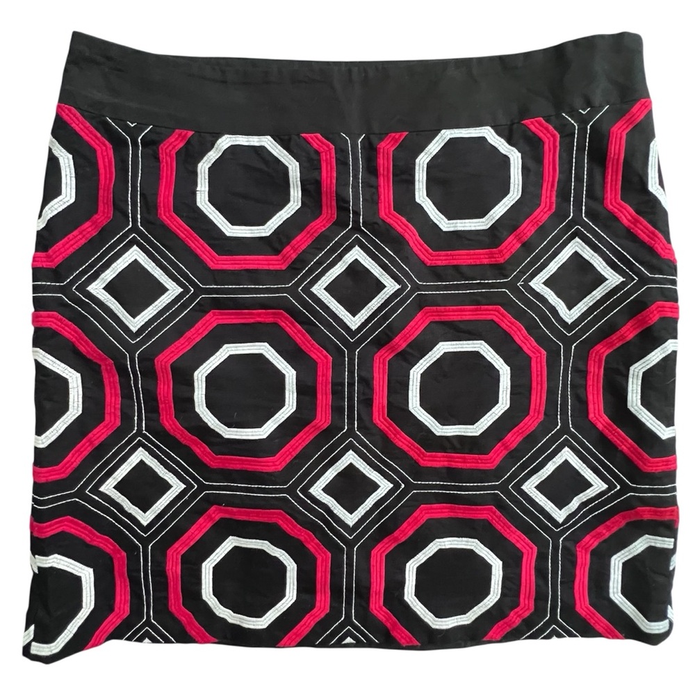Ann Taylor Black and Red Geometric Cotton Embroidered Pencil Skirt, Size 16